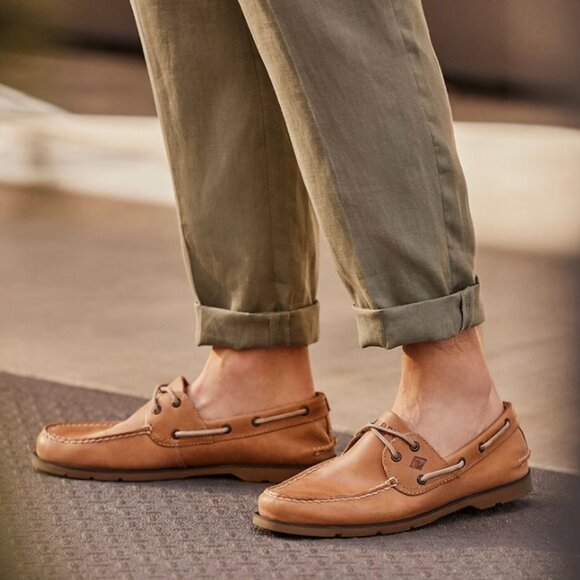 Sperry Men\'s Leeward 2 Eye Boat Shoes Classic Leather Slip On Brown Tan Size 14